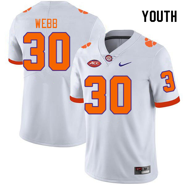 Youth #30 Kylen Webb Clemson Tigers College Football Jerseys Stitched-White